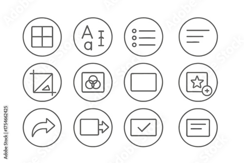 Slide Design Icons. Line style round icons of slide design: layout grid, font size, bullet point, alignment bar; image crop, color