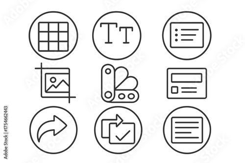 Slide Design Icons. Line style round icons of slide design: layout grid, font size, bullet point, alignment bar; image crop, color