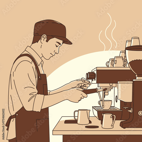 Barista preparing coffee with espresso machine in cafe.