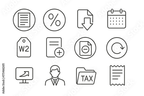 Taxes Icon Set. Line style round icons of taxes and returns: tax form, percentage icon, file return, calendar due date; W-2 tag,
