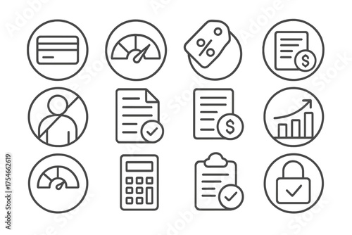 Credit Icons Collection. Line style round icons of credit understanding: credit card, credit score gauge, APR tag, repayment