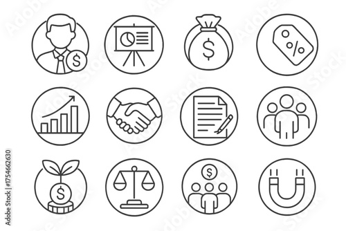 Funding Icons Set. Line style round icons of pitching and funding: investor icon, pitch slide, dollar bag, equity tag; fundraising