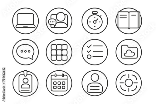 Remote Work Icons. Line style round icons of remote career tools: laptop icon, video call, time tracker, digital planner; async