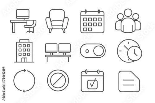 Hybrid Work Icons. Line style round icons of hybrid work model: office desk, home chair, calendar slots, team icon; building icon,