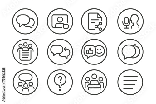 Team Communication Icons. Line style round icons of team communication: message bubble, video call, shared file, voice chat; group