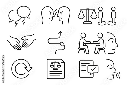 Conflict Resolution Icons. Line style round icons of team conflict resolution: conflict bubble, tension icon, balance scale,