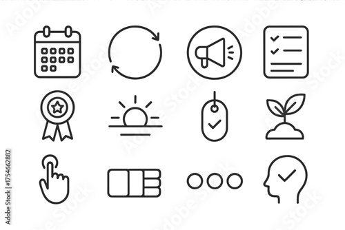 Habit Framework Icons. Line style round icons of habit-building frameworks: streak calendar, habit loop, cue icon, routine card;