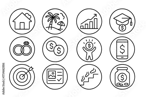 Financial Goals Icons. Line style round icons of financial goal setting: dream home icon, vacation fund, milestone chart,