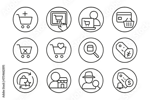Shopping Behavior Icons. Line style round icons of shopping behavior: add to cart, browse screen, checkout icon, cart abandon;