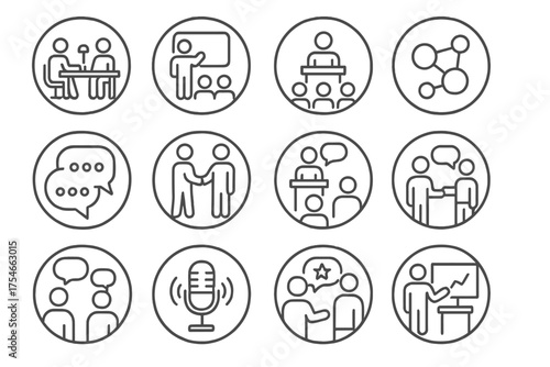 Startup Community Icons. Line style round icons of startup community: coworking desk, startup event, network bubble, group chat;
