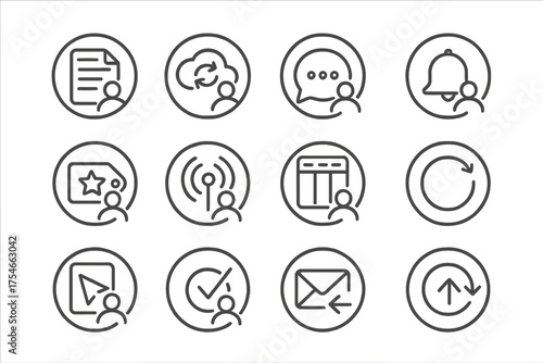 Remote Collaboration Icons. Line style round icons of remote collaboration: shared doc, cloud sync, comment bubble, notification