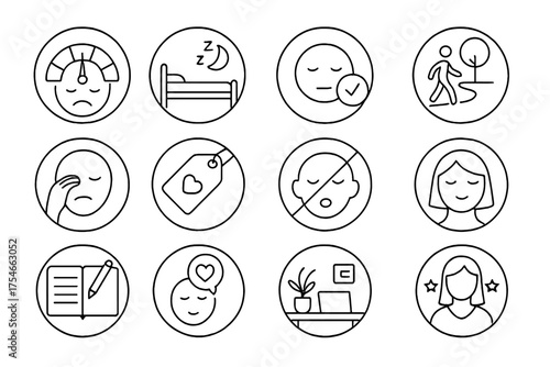 Remote Work Mental Health. Line style round icons of mental health in remote work: stress scale, rest icon, mood check, nature
