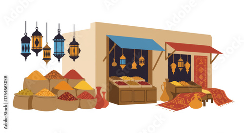 Traditional Middle Eastern Market Stall Displaying Spices and Lanterns with Vibrant Rugs