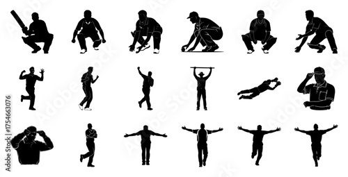 Cricket players in various poses sport action