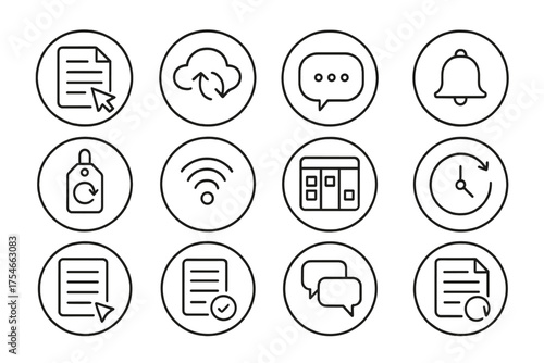 Remote Collaboration Icons. Line style round icons of remote collaboration: shared doc, cloud sync, comment bubble, notification