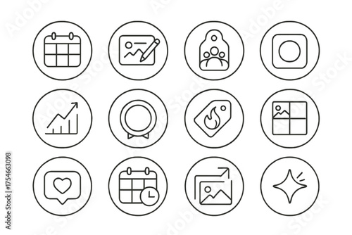 Social Media Icons. Line style round icons of social media strategy: calendar grid, post icon, audience tag, platform icon;