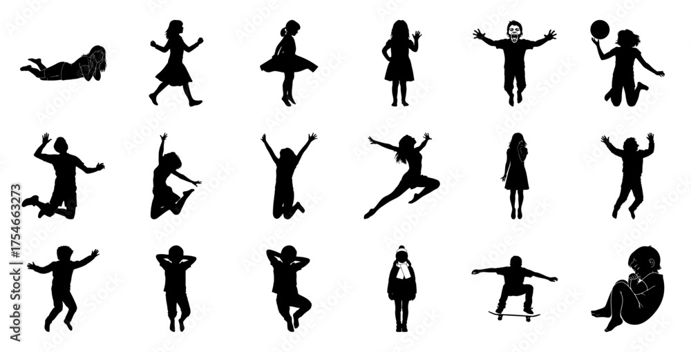Naklejka premium Diverse children silhouettes in various poses playing