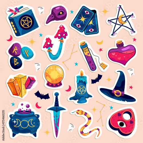 Set of vector magic item icon. Magical or supernatural collection. Esoteric mystic, witchcraft spell tool for Halloween. Cauldron and pentagram, book and love potion, Ouija pointer, candle, tarot card