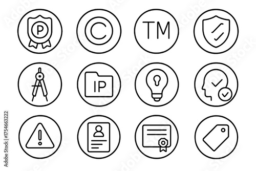 Intellectual Property Icons. Line style round icons of intellectual property: patent badge, copyright symbol, trademark icon,