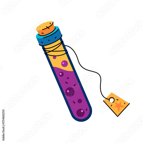 Magic potion in vial. Vector fantasy elixir or enchanted liquid in glass phial or bottle. Wizard or witch, alchemy, spell casting, fairytale or medieval element. Mixture for healing or cure. Extract.