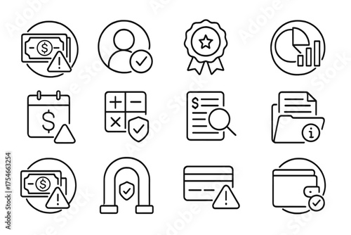 Financial Compliance Icons. Line style round icons of financial compliance: AML icon, KYC process, regulatory badge, audit chart;