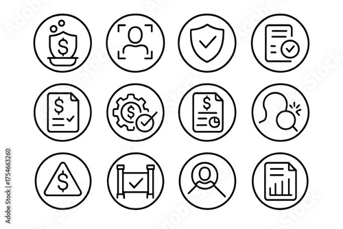 Financial Compliance Icons. Line style round icons of financial compliance: AML icon, KYC process, regulatory badge, audit chart;