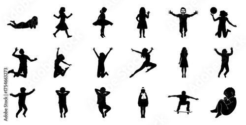Diverse children silhouettes in various poses playing