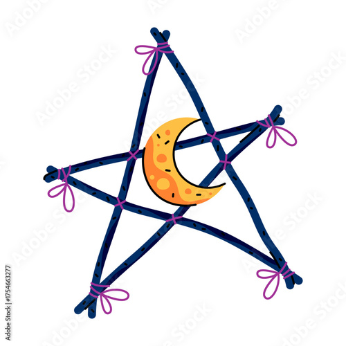 Pentagram made of wooden sticks with crescent. Vector fivepoint star and lunar sign for pagan or witchcraft rites. Esoteric occult symbol for astrology and alchemy, mysticism and talismanic magic.