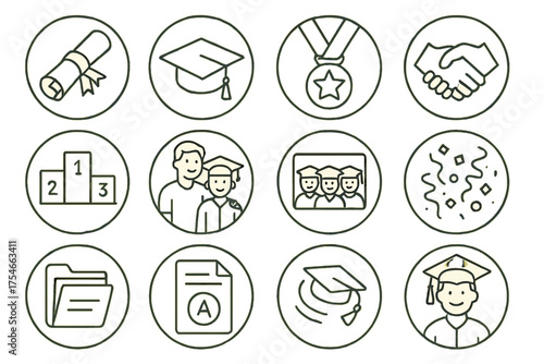 Graduation Icons Set. Line style round icons of graduation and achievement: diploma scroll, graduation cap, honor medal, handshake