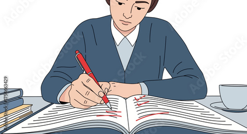 Person writing in a book with a red pen.