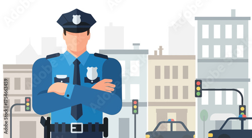 Police officer standing in front of city buildings.