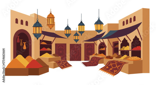 A vibrant illustration of a bustling Middle Eastern bazaar, showcasing colorful spices and intricate carpets
