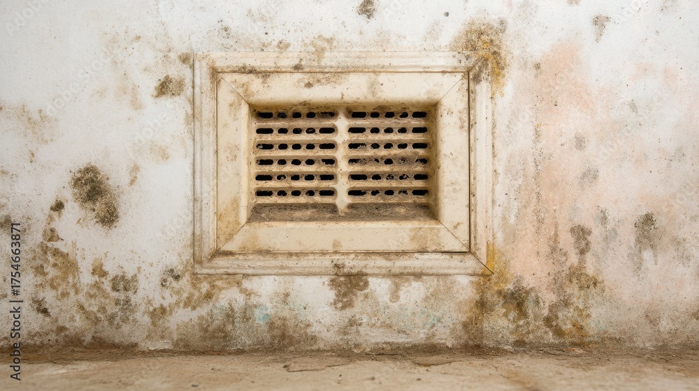 Fototapeta premium Close-Up View of a Dirty and Moldy Wall Vent with Dust Accumulation in an Abandoned Room, Highlighting Neglect and Deterioration in Interior Spaces