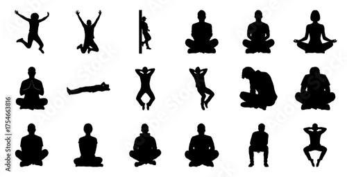 Diverse human poses silhouettes people jumping