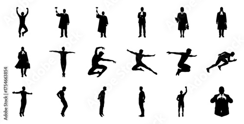 Diverse human silhouettes in action and formal attire