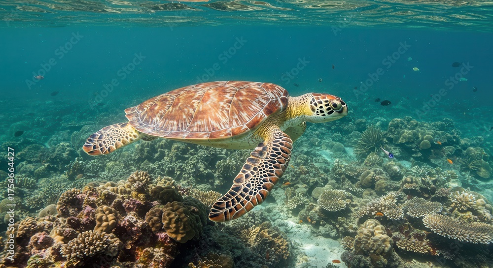 Fototapeta premium Sea turtle swims gracefully over a vibrant coral reef in clear ocean water.