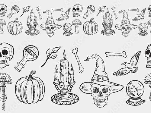 Hand drawn seamless border for Halloween holiday. human skull in witch hat, pumpkins, candles, fortune teller accessories. Vector sketch illustration in vintage crayon charcoal style