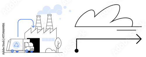 Recycling truck enters factory with chimneys emitting smoke, connected to an abstract looping arrow. Ideal for sustainability, recycling, industry, pollution, logistics, environment, and circular