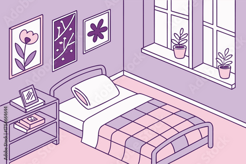 Illustration of a cozy pastel-themed bedroom with a single bed, checkered blanket, bedside table, framed wall art, and potted plants on a sunlit windowsill evoking calm and minimalist comfort.