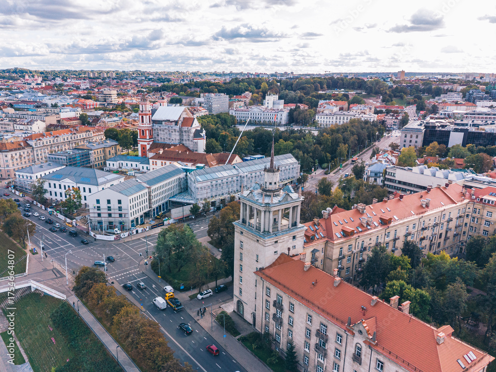 Fototapeta premium Aerial View of Vilnius City Center and Old Soviet Building, Lithuania