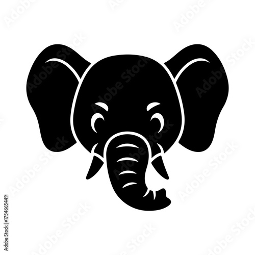 Cute Cartoon Elephant Head Black Silhouette Graphic on White