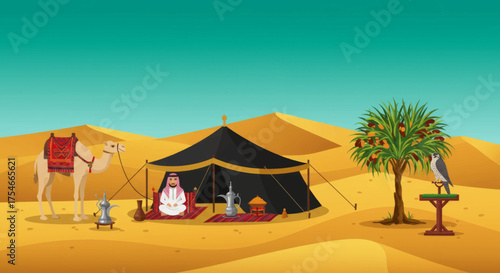 Traditional Arabic desert dwelling with a camel, falcon, and a seated man in traditional attire, illustrating nomadic life and culture