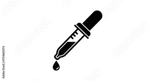 Black dropper with liquid dropping down isolated on white background.