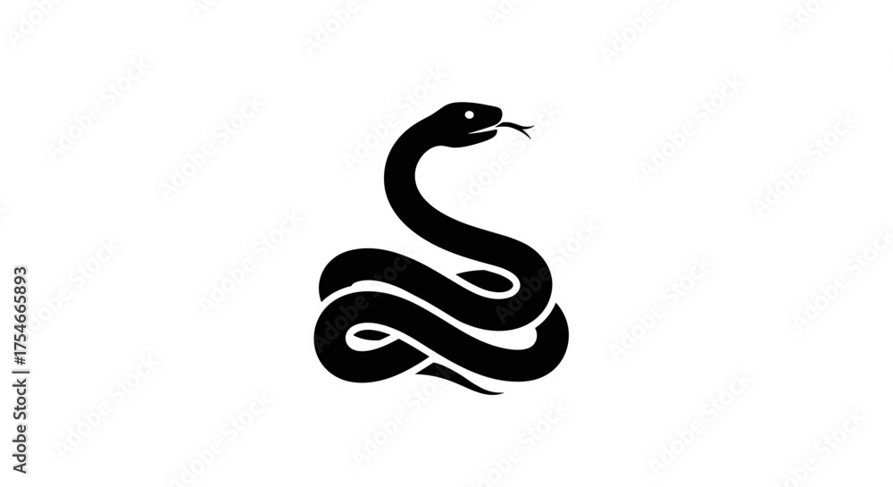 Naklejka premium Black snake coiled silhouette on white background.