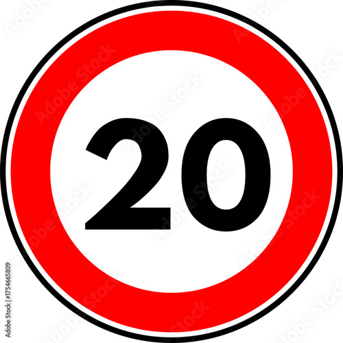 Speed limit 20 traffic sign, Speed limit 20 kilometers per hour road sign