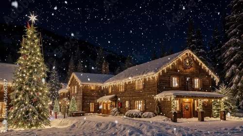 Cozy snowy village at night with glowing Christmas lights, decorated houses, and gentle snowfall creating a magical holiday atmosphere.