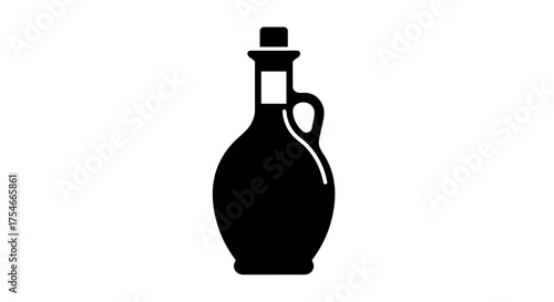 Black silhouette of an olive oil bottle with a handle and cork stopper isolated on a white background representing cooking and healthy eating.