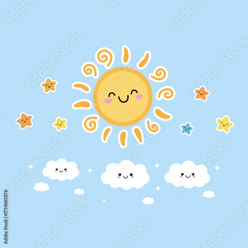 A cute drawing of a smiling sun in the sky with clouds and stars. Happy summer, cartoon vector illustration for kids. A fun kawaii weather illustration.