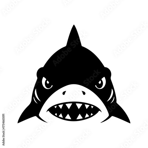Fierce Black and White Shark Head Graphic Illustration with Open Mouth