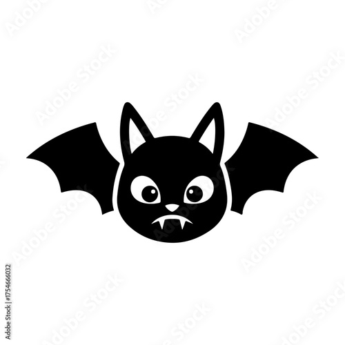 Minimalist Black Bat Vector Illustration with Expressive Eyes and Fangs